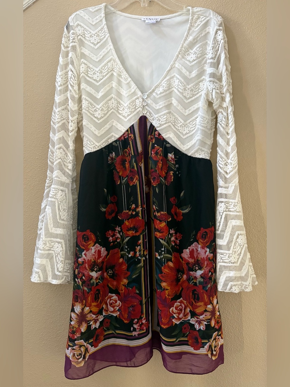 VENUS White Lace Bodice Black Floral Long Sleeve Dress
